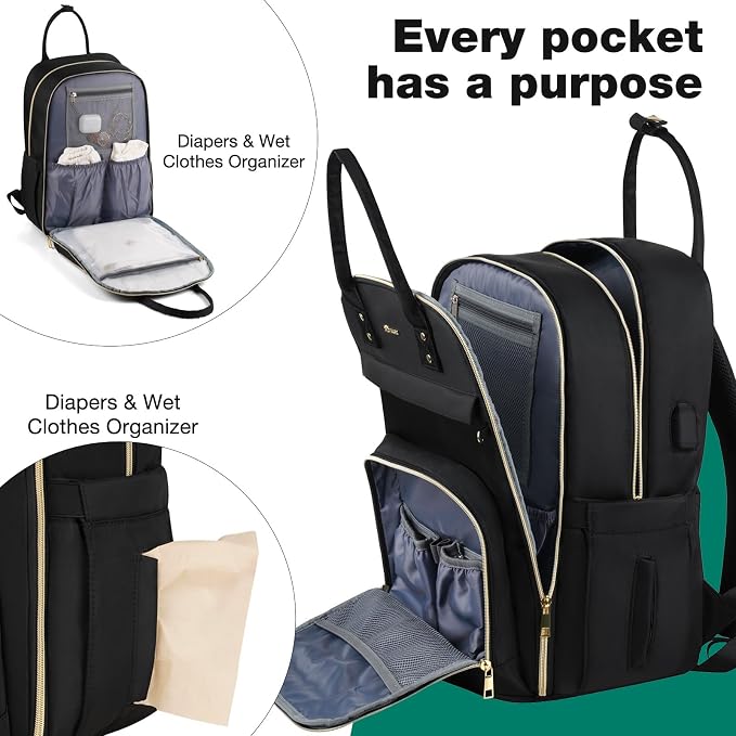 Diaper Bag Backpack, Quilted Baby Bag with Changing Pad and Stroller Straps, Dark Black - Image 7