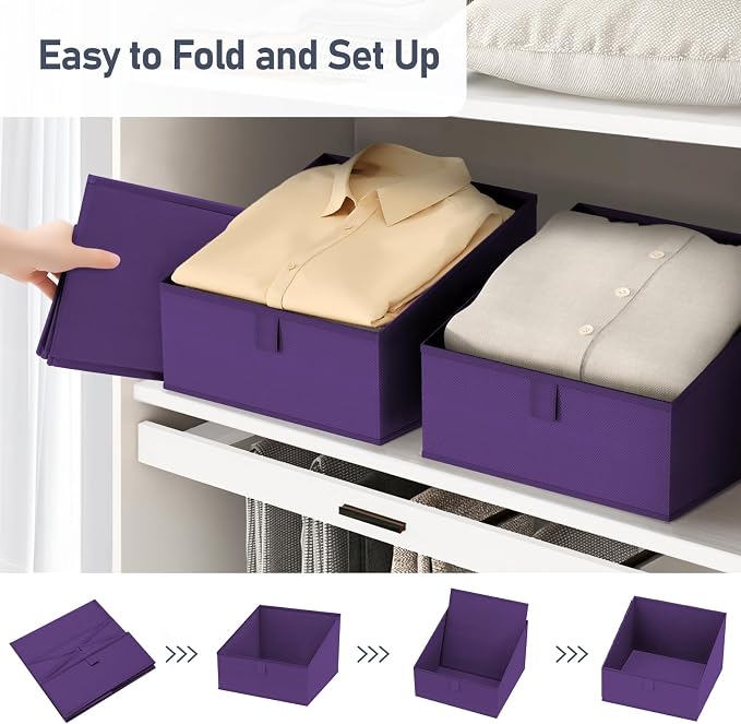 DIMJ Closet Storage Bins 8 Pack - Fabric Trapezoid Closet Organizer Bin, Foldable Storage Baskets for Shelves, Closet Shelf Organizer, Clothing Storage Box for Toys, Books, Towel, Clothes, Purple - Image 5