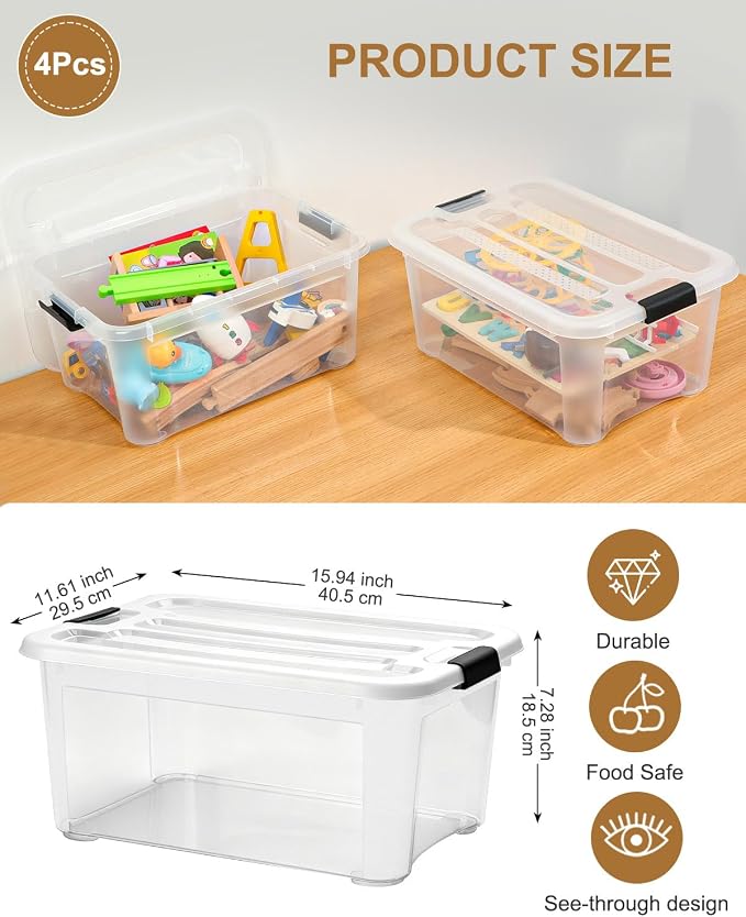 EOENVIVS 15L Clear Storage Bins with Lids, 4 Pack Stackable Plastic Storage Containers with Lids, Latching Storage Boxes and Organizer Bins for Closet, Toys, Crafts and Office - Image 2