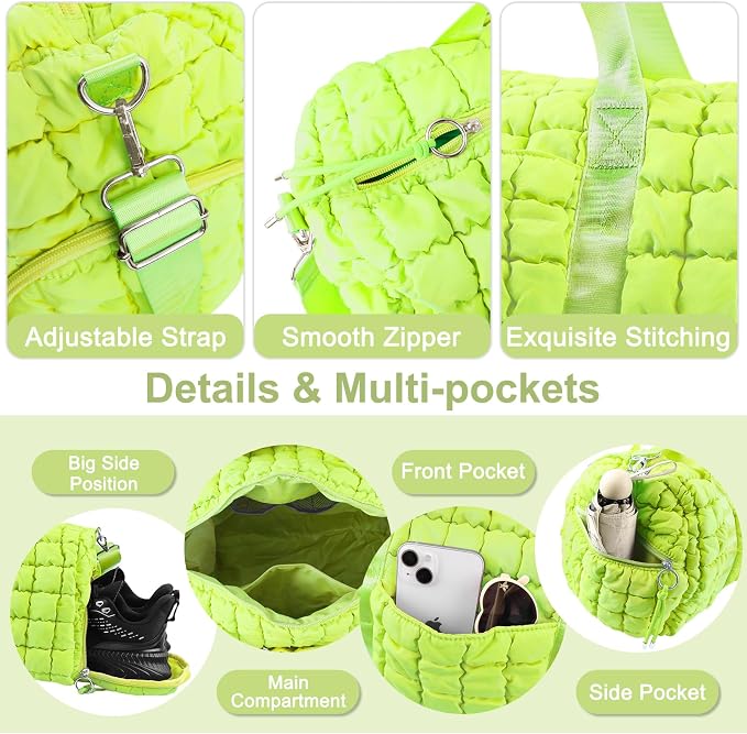 Quilted Travel Duffle Bag Gym Bag for Women,Large Puffer Duffle Weekender Bag with Compartment,Workout Overnight Carry on Organizer Bag Duffle Bag for Airplane Travel(L-Green) - Image 6