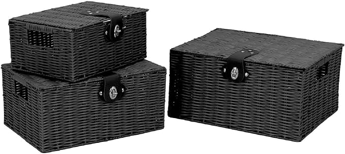 Set of 3 Woven Wicker Storage Basket Box with Lids & Lock, Built-in Carry Handles, Multifunctional Storage Organizer for Nursery, Baby, Clothes, Toys, Books, Large/Medium/Small Size (Black) - Image 7
