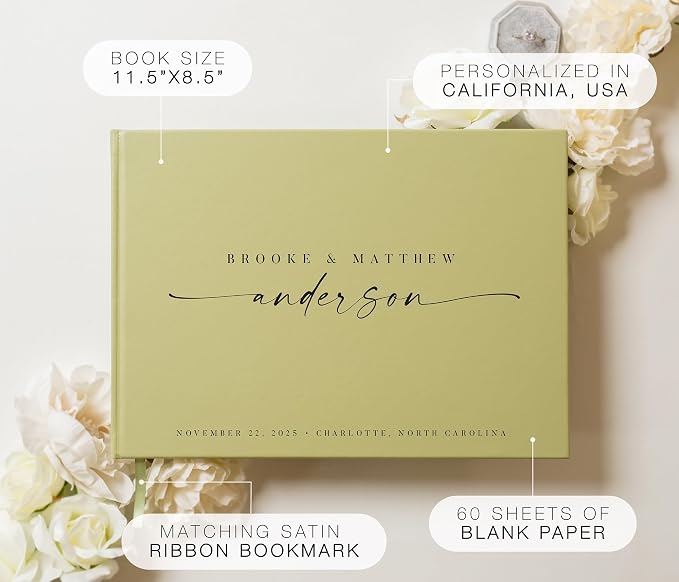 Personalized Guest Book - 11.5" x 8.5" Custom Bride & Groom Names with Bookmark and Hard Cover 140 GSM Blank Pages, for Weddings Guest Book, Engagements, Birthdays, Special Events, Sage - Image 2