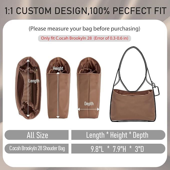 Brooklyn 28 Bag Insert, Purse Organizer Insert for Coach, Nylon Maple | Waterproof Nylon For Coach Brooklyn Shoulder Bag 28, Lightweight, 5 Compartments Zipper Pocket, Elastic Holders - Image 2