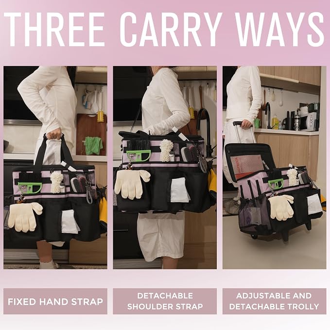 SCAVATA Rolling Cleaning Caddy Bag with Detachable Trolley, Large Cleaning Supplies Organizer with Wheels, Multi-Pocket Cleaning Cart with Adjustable Shoulder Strap for Housekeepers (Lilac) - Image 6