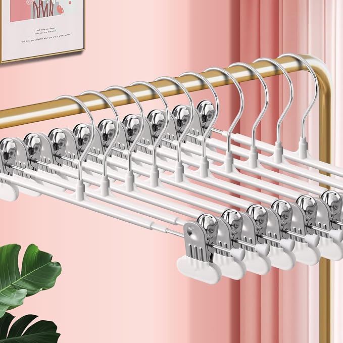Clothes Pants Skirt Hangers with Wide Clips 12 Inch 20 Pack, White | Non-Slip,Adjustable metal wide clips,Space-Saving,Heavy duty, for pants/skirt/dress/trousers/jeans/shorts/leggings, women,men by HWAJANClothesOrganizer