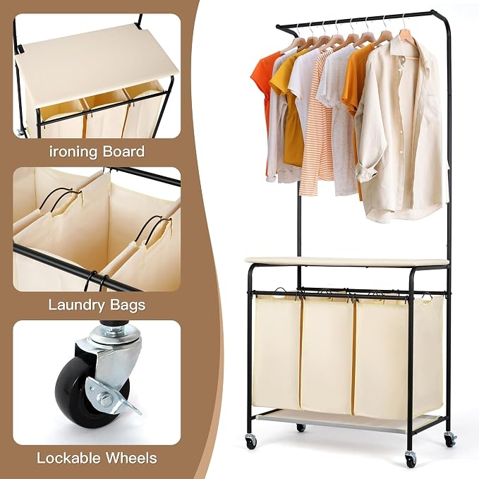 MYOYAY 3 Section Laundry Sorter with Garment Hanging Bar Rack Foldable Ironing Board, Laundry Basket Organizer Heavy Duty Laundry Hamper Rolling Cart with Lockable Wheels and 3 Removable Bags - Image 3