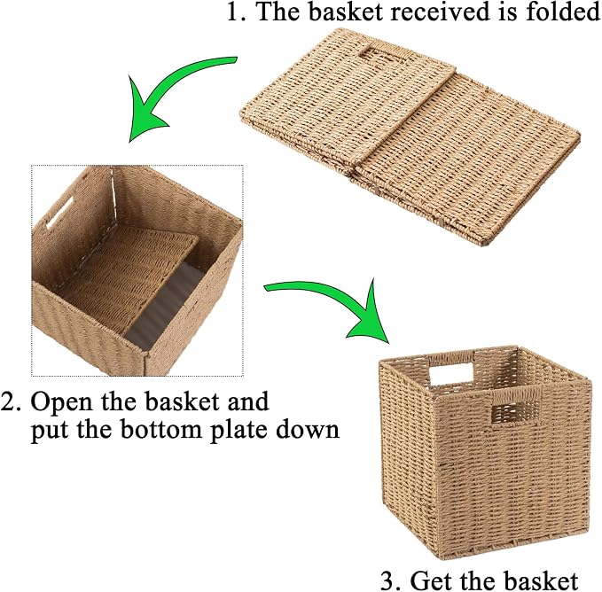 Foldable Square Baskets Set of 4, Paper Woven Storage Cube Bins with Handles for Shelves Cubby Organizing (Natural, 13'' x 13'' x 13'') - Image 3
