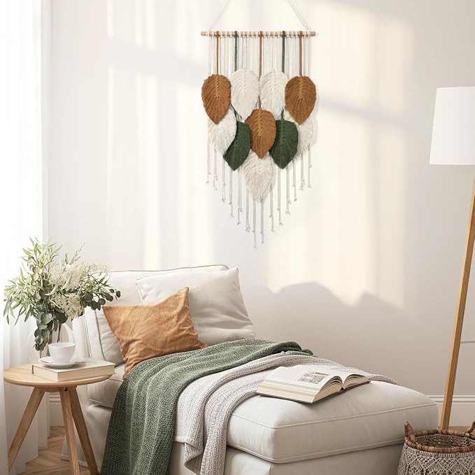 Macrame Wall Hanging Leaves Woven Tapestry Boho Chic Modern Home Decoration | KHOYIME Bohemian Handmade Leaf Feather Wall Art Decor for Apartment Dorm Living Room Bedroom Nursery Backdrop 16.5"W x 29.5"L - Image 4