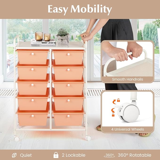 10 Drawer Rolling Cart, Storage Cart Organizer on Wheels, Drawer Cart with Metal Frame & Large Storage Capacity, Rolling Cart with Drawers for Living Room Classroom, Office - Image 5