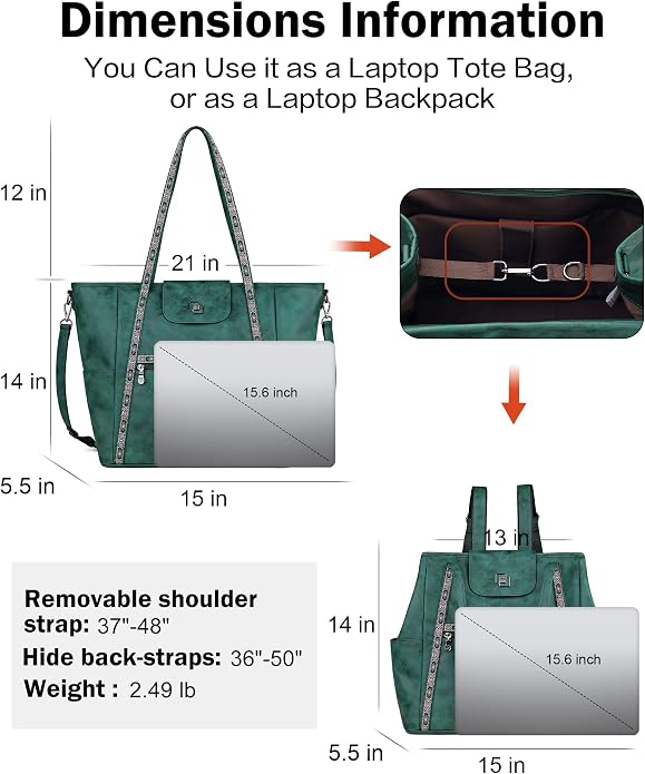 Large Laptop Tote Bag for Women Designer Leather Laptop Bag, 15.6in | Fashion Travel Backpack Purse Shoulder Handbag Fits 15.6 Laptop, Daily, Work, Business Trip, Weekend Travel, Teacher - Image 4
