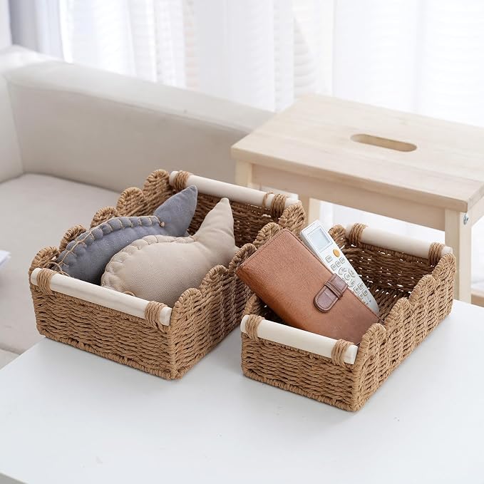 Wicker Storage Baskets, Scalloped Shelf Baskets, 2-Pack | 2 scalloped wicker baskets in large and small sizes; decorative shelf organizers with handles for bathroom and home storage. - Image 5