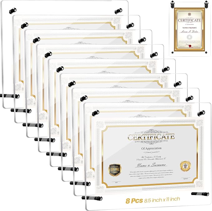 Thyle 8 Pcs Acrylic Photo Frame 8.5 x 11'' Clear Floating Picture Frame Certificate Document Poster Award Diploma Display Tabletop or Hanging Wall Mount Gift for Christmas Team Employee Family(Black) by Thyle