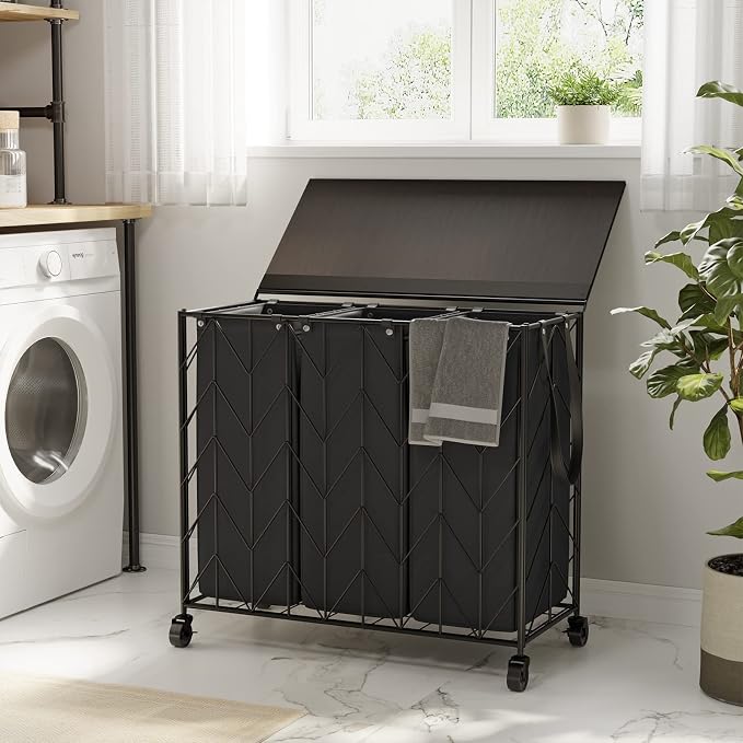 WOWLIVE Laundry Hamper 3 Section with Lid, 142L Laundry Basket with Wheels | Rolling Dirty Clothes Hamper with Removable Bags, Large Iron-Made Laundry Basket Organizer Laundry Sorter for Dorm, Black - Image 2