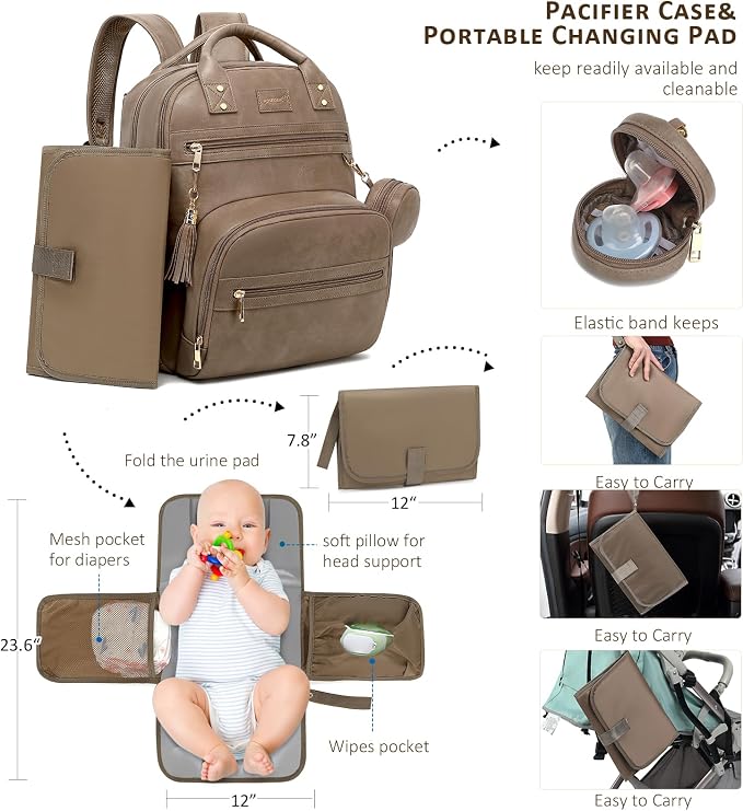 ROSEGIN Premium Vegan Leather Diaper Bag Backpack with Waterproof Changing Pad, Reinforced Zippers & Odor-Free, 20 Pockets Pro Organizer, Fits 15.6" Laptop, Stroller Straps, Baby Bag for Mom, Taupe - Image 3