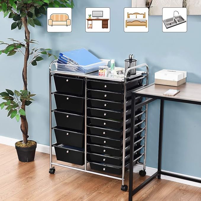 RELAX4LIFE 15 Drawer Rolling Storage Cart, Mobile Drawer Carts for Craft Art Supply Paper Salon, Utility Cart on Wheels for Classroom Teacher School Office, Rolling Cart with Drawers (Black) - Image 2