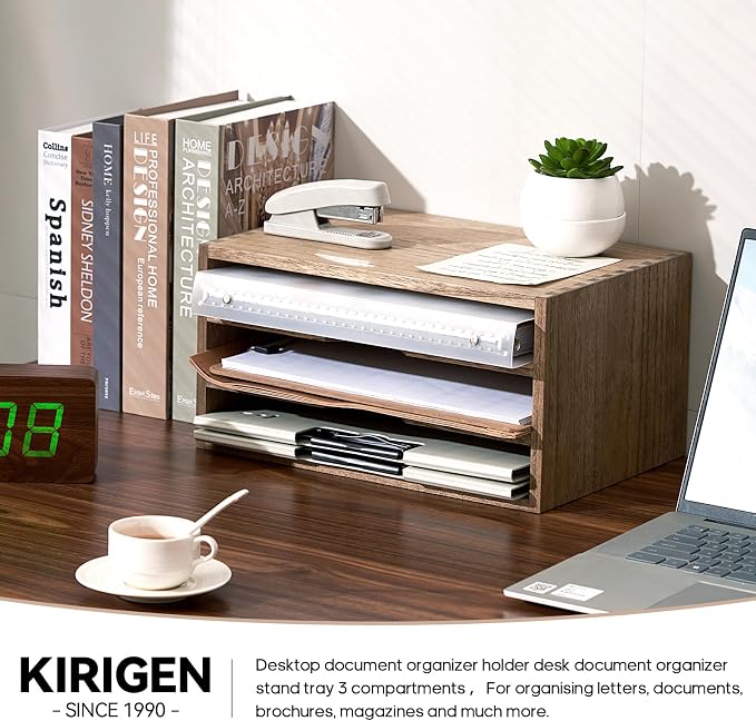 KIRIGEN Wooden Desk Organizer 3-Tier Letter Tray and Paper Sorter, Brown | Solid Wood Paper Tray Document Holder Organizer for Letters, Files, Folders, Mail, Magazines and Office Supplies - Image 5