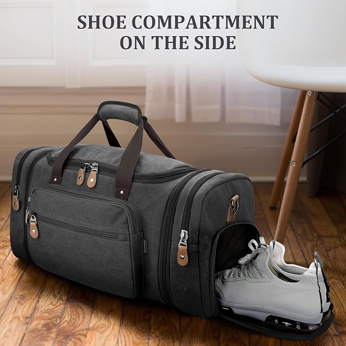 Gonex Canvas Duffle Bag, Expandable 60L Travel Overnight Weekender Bag | for Men, with Shoe Compartment, Multiple Pockets, Tear-Resistant, Durable Zippers, Detachable Strap, Dark Gray - Image 2