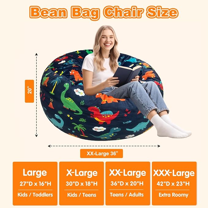 Lukeight Dinosaur Bean Bag Chair for Teens Adults, Memory Foam Filled Floor Lounger, Washable Velvet Cover with Inner Liner, Beanbag Chair with Filling for Gaming and Reading, XX-Large 36" D x 20" H - Image 2