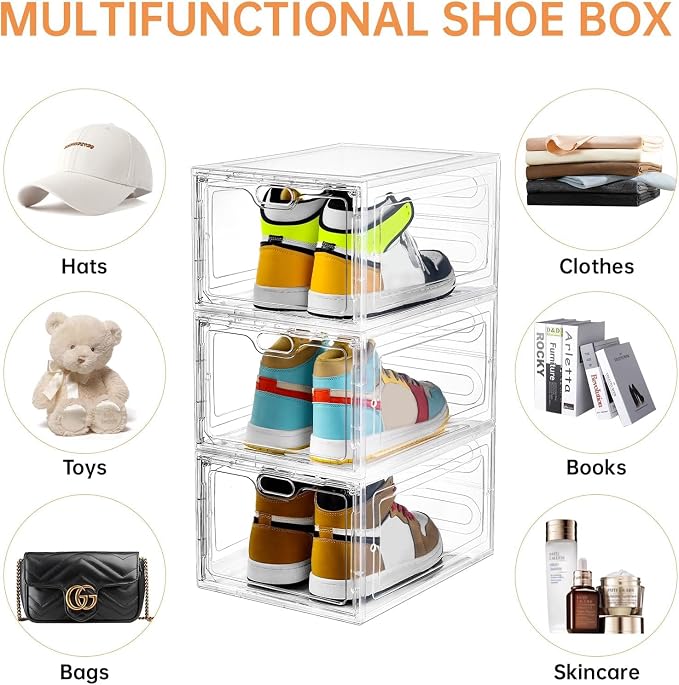 INSTY 6 Pack Large Shoe Storage Box, Clear Shoe Storage Organizer with Magnetic Door, Stackable,Shoe Containers For Display Sneakers, Easy Assembly, Fit up to US Size 12, Clear - Image 5