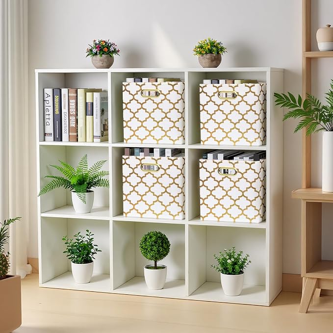 Posprica 11x11x11 Storage Cube Bins, Collapsible Storage Bins Fabric Storage Cubes Organizer Baskets Box Drawers for Shelves, Closet, Wardrobe, Bookshelf, Cabinet, Cream/Gold Lantern, 4 Pack - Image 6