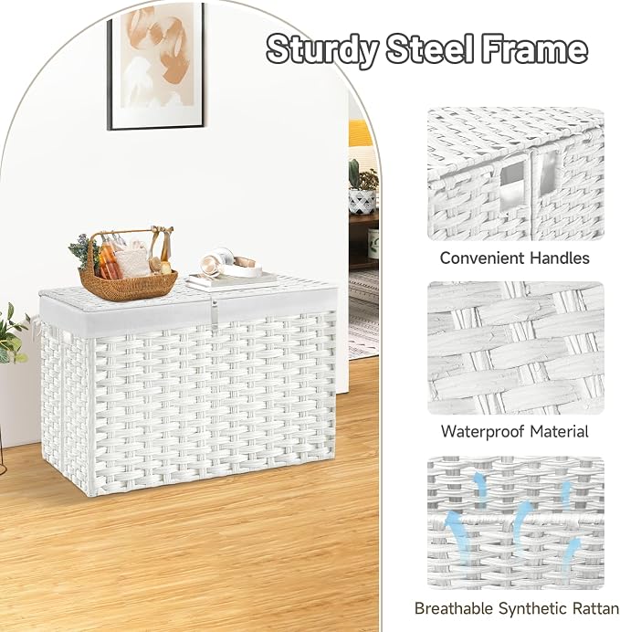240L Wicker Storage Basket with Lid, Handwoven Rattan Large Shelf Basket with Removable Liner, 63.5 Gallon Wicker Basket for Blanket, Storage Trunk with Handle for Closet, Bedroom, Livingroom, White - Image 5
