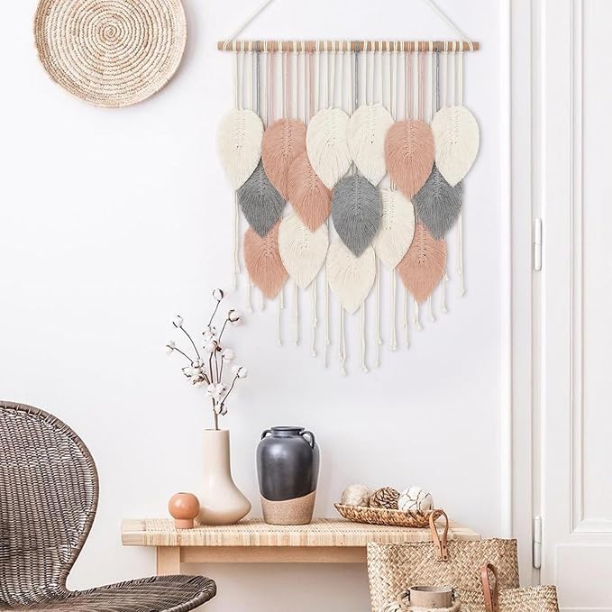 Alynsehom Macrame Wall Hanging, Boho Woven Tapestry, Chic Modern Bohemian Handmade Leaf Feather Wall Art Home Decor for Apartment Dorm Living Room Bedroom Nursery Backdrop(23.6" W X 29.5" L) - Image 2
