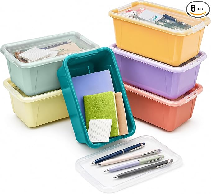 GAMENOTE 6 Quart Storage Bins with Lids, Plastic Latching Box for Classroom & Kids Toy Storage,Stackable Shoe Box Size Containers for STEM Morning Tubs, Crafts & Blocks (6, Morandi) by Gamenote