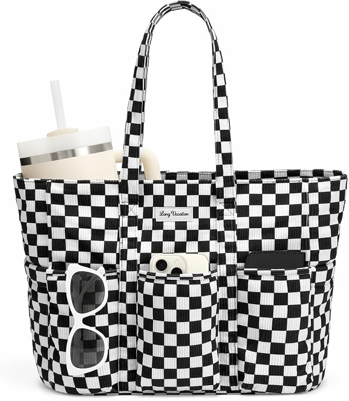 LONG VACATION Corduroy Tote Bag for Women, 16 Pockets Large Work Laptop Bag | 15.6" Laptop Compartment, 40oz Cup Holder, Lightweight, Washable, Teacher Nurse Bag for Office School Travel Gym College by LONGVACATION