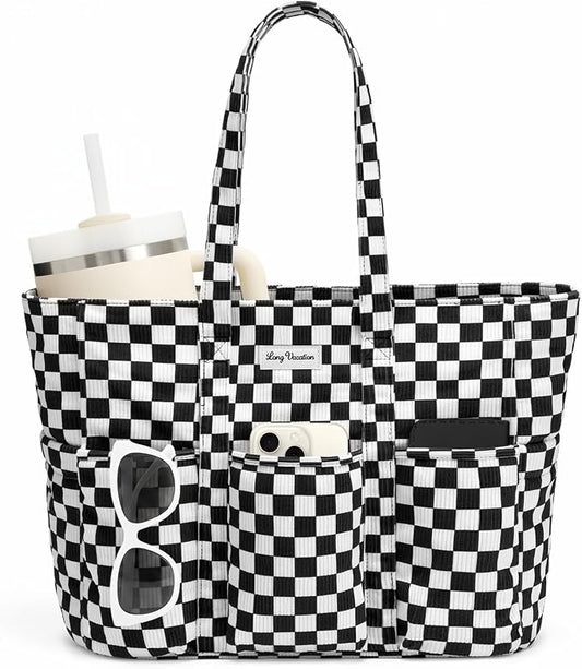 LONG VACATION Corduroy Tote Bag for Women, 16 Pockets Large Work Laptop Bag | 15.6" Laptop Compartment, 40oz Cup Holder, Lightweight, Washable, Teacher Nurse Bag for Office School Travel Gym College by LONGVACATION