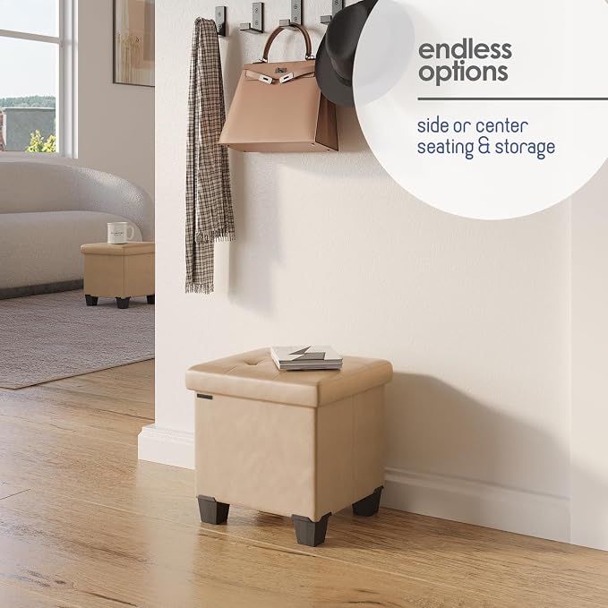Storage Ottoman Cube with Small Bin, 15-in Square Ottoman with Storage for Living Room and Bedroom, Small Ottomans Foot Rest, Leather Foot Stools Ottomans Max 330lbs, Taupe - Image 6