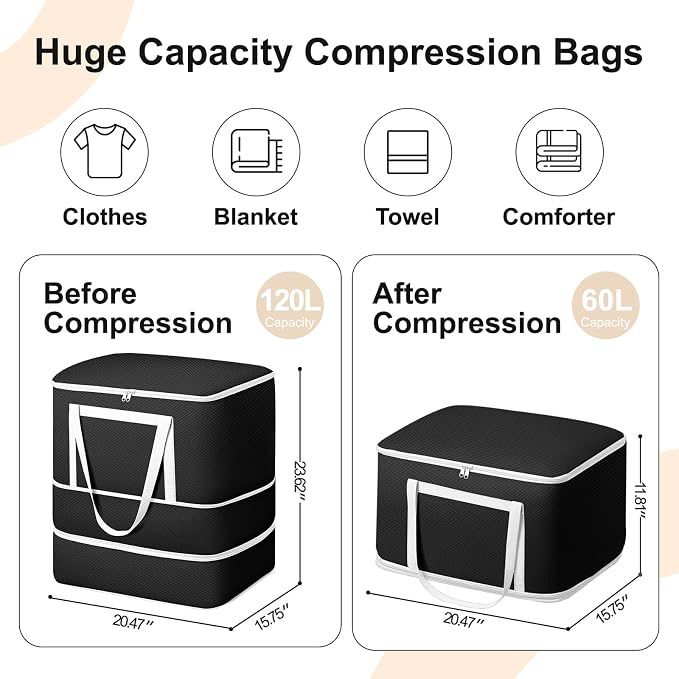 Comforter Storage Bag - 120L Bedding Storage Bags for Moving Closet, Washable Blanket Storage Bag, Ultra Space Saving Self Compression Organizer, 4-Pack, Black - Image 2