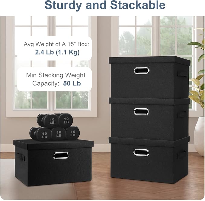 Graciadeco Medium 15" 21 Quart Collapsible Stackable Storage Bins with Lids, 1 Pack Black Foldable Fabric Closet Storage Boxes with Lids, 4 Handles Heavy-duty Linen Cube Baskets for Bedroom | 21 Quart 1 Pack Black Collapsible Stackable Linen Fabric 4 H... - Image 4
