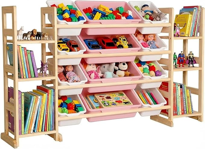 Amdermi Kids Toy Storage Organizer, 51" W White 6-Shelf Bookcase with 12 Bins, Cubby Unit for Toddler Playroom & Bedroom Organization（Pink） by Amdermi