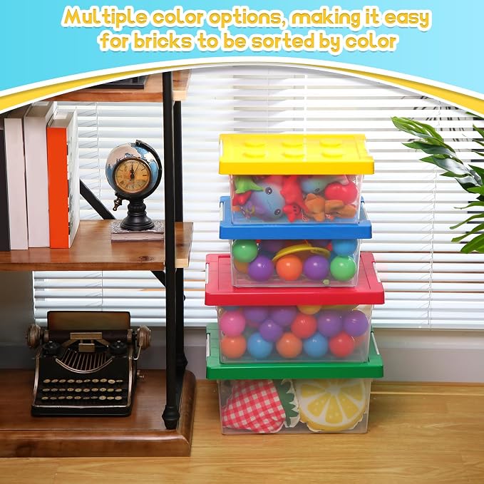 4 Pack Toy Storage Containers with Lids Brick Shaped Kids Toy Organizer Box Plastic Clear Stackable Bin Chest for Building Block Dolls(Large, Small,Red, Yellow, Blue, Green) - Image 3