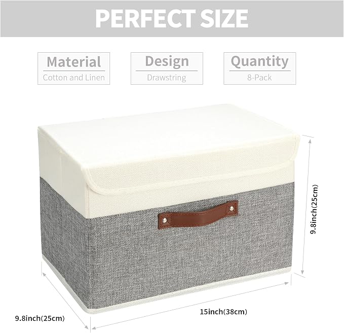 SAMORADREA 8 Pack Storage Bins Foldable Storage Boxes Fabric Storage Box with Lid & Handle Large Washable Organizer Bulk for Office, Home, Books, Clothes, Bedroom, Closet, (15INx10INx10IN White/Grey) - Image 3