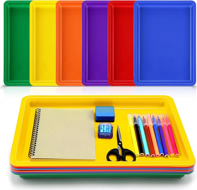 6 Pack Large Plastic Art Trays for Classroom, 16x12x1 Inch,Rainbow | Plastic Paint Trays for Kids Craft Activity Sensory Play Stackable Organizer for Preschool Art Projects Jewelry Beads Sorting by Mifoci
