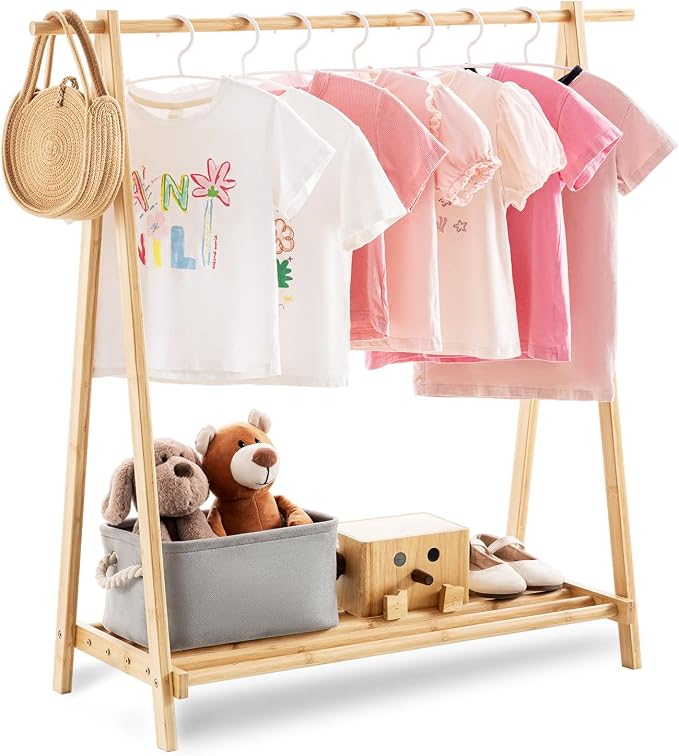 Kids Clothing Rack with Storage Shelf, Kids Dress Up Rack, Dance Costume Garment Rack for Hanging Clothes,Garment Rack for Hanging Clothes Organizer, Bamboo (Natural) by SinoSalected
