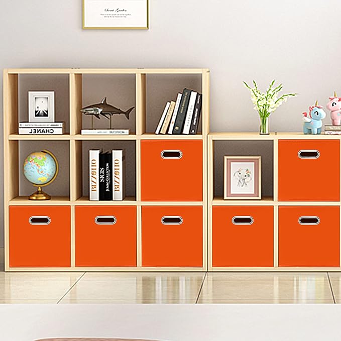 Black Fabric Cubby Storage Bins,13x13x13 Inches ,Cube Organizer Bin Foldable Storage Boxes with Dual Handles Fabric Organizer Box and collapsible Storage basket,Set of 3,Orange - Image 3