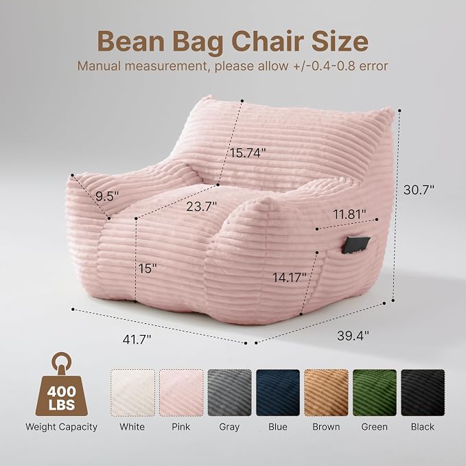 Bean Bag Chair for Adults & Kids, Giant Bean Bag Sofa with Side Pocket, Corduroy Beanbag Chair with Armrests, Comfy Stuffed Floor Sofa for Living Room Bedroom Dorm, Pink - Image 2