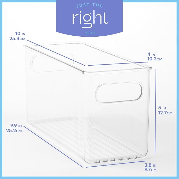 Plastic Food Storage 4 Pack Clear Container Bin with Handles for Organizing Kitchen, Pantry, Refrigerator, Freezer, Pantry, Cabinet, Closet, Bathroom. 10”x4”x5” - Image 3