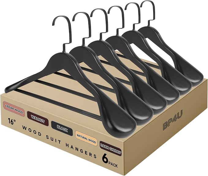 Wooden Suit Hangers with Non Slip Pants Bar, Black, 6-Pack, 16" | Wood Extra-Wide Shoulder Hangers, Flat-Head Hook Hangers for Suits, Coats, Jackets, Shirts, Pants, and Heavy Clothes by BP4U%E2%84%A2