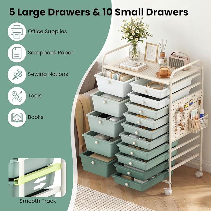 GOFLAME 15-Drawer Rolling Storage Cart with Pegboard, Craft Storage Cart with Lockable Wheels and Metal Frame, Art Cart Supply Storage Organizer for Home Office Classroom, Green Gradient - Image 4