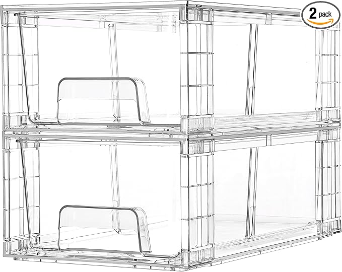 Vtopmart 2 Pack Stackable Clear Drawer with Dividers | Clear Drawer Organizers with Removable Dividers for Flexible storage. Stackable, Non-slip, for Fridge, Under Sink & Bthroom by Vtopmart
