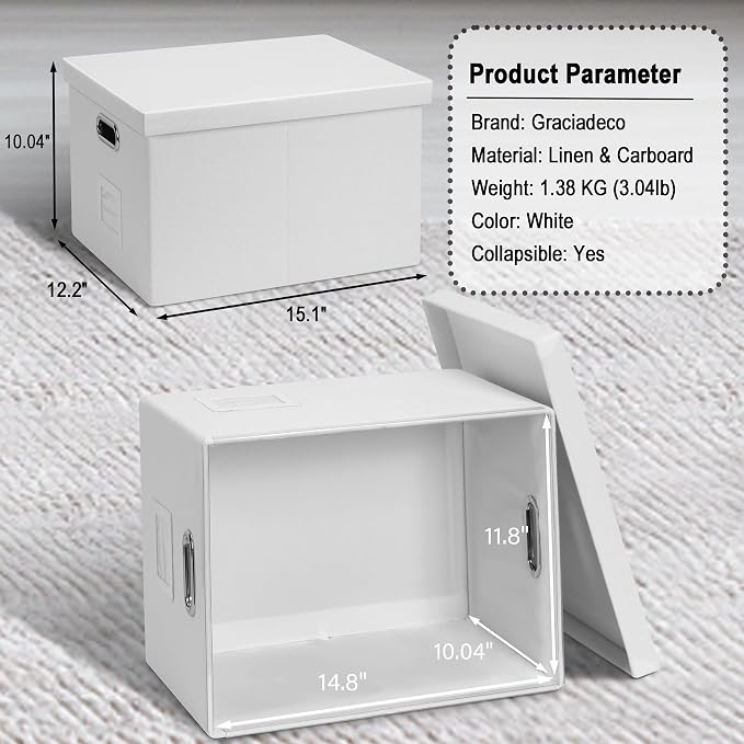 Storage Bins With Lids Office Organization File Folder Organizer Boxes | White, 2 Pack, 15.1" * 12.2" * 10.04", Built-In Handle, Collapsible, Stackable, Dustproof, Linen Fabric, Cardboards - Image 2
