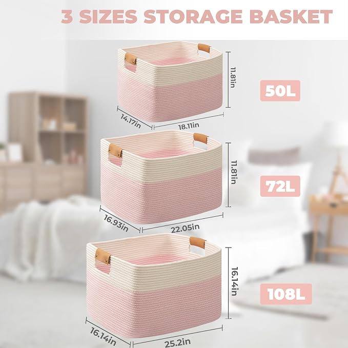 Large Woven Basket 25’’*16’’*16’’ Rectangle Woven Baskets for Storage, Storage for Living Room, Soft Cotton Rope Basket With Handle, Large Basket for Kids Dog Toys, 108L Pink+White - Image 2