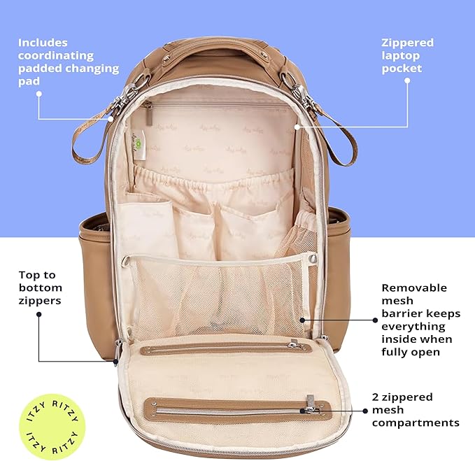 Itzy Ritzy Boss Plus Large Diaper Bag Backpack with 19 Pockets (Chai) | Includes 2 Insulated Bottle Pockets, Changing Pad, Stroller Clips, Comfortable Padded Straps, Easy-to Clean, Travel-Ready - Image 5