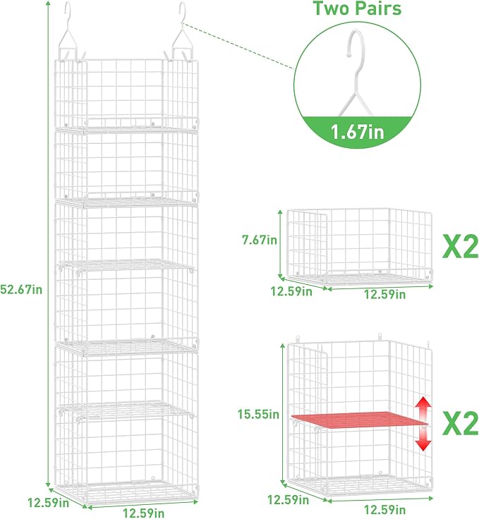 6 Tier Hanging Closet Organizers and Storage, 4 Hooks 2 Adjustable Dividers | Stackable Hanging Closet Shelves, Wire Storage Basket Bins for Clothing Purse Sweaters Shoes Socks Dolls, Foldable - Image 3