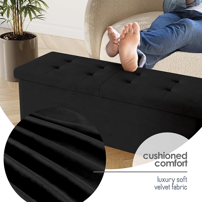 Storage Ottoman Bench with Bins, 43-in Storage Bench for Bedroom End of Bed, Folding Foot Rest Ottoman for Living Room Max 660lbs, Velvet Ottomans, Black - Image 7
