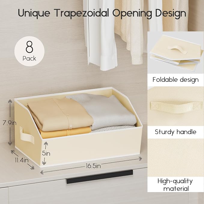 Large Closet Organizers and Storage Bins - 6 Pack Trapezoid Storage Baskets for Shelves, Foldable Fabric Baskets with Handles Ideal for Closet, Basket, Wardrobe and Shelf Storage, Beige - Image 2