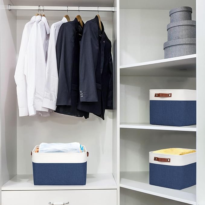 Storage Bins Large Fabric Storage Baskets for Shelves 3 Pack, Decorative Linen Closet Baskets with Handles for Organizing, Shelf, Clothes, Home, Office, 15x11x9.5Inches (NavyBlue&White) - Image 2